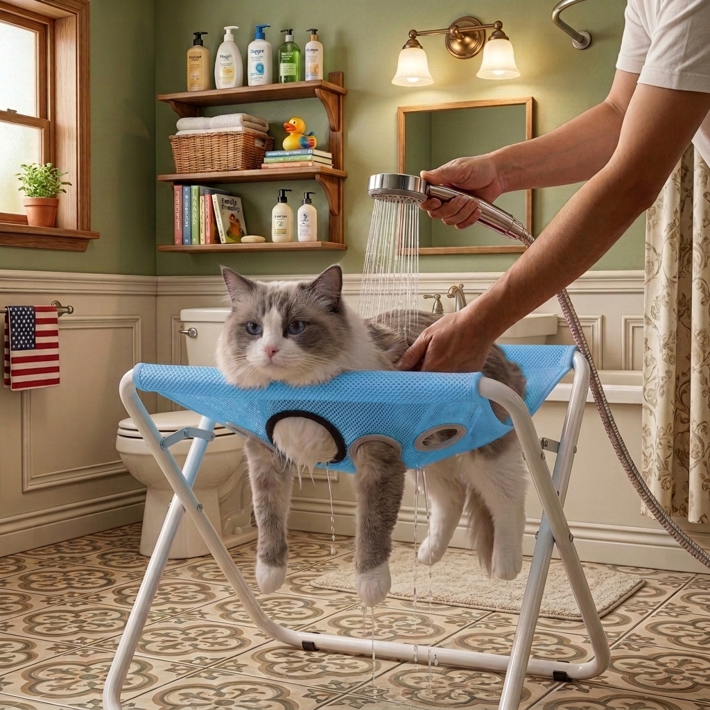 A calm cat supported in the BathNest stand during bath time